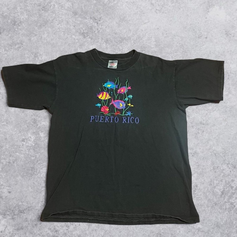 Vintage Black Single Stitch Puerto Rico Embroidered TShirt large made in USA